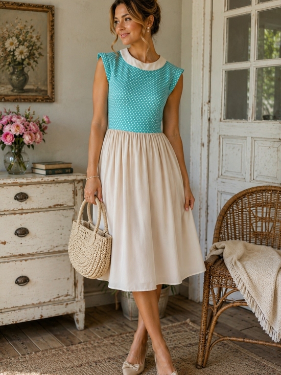 Vintage Dresses & Skirts - Vintage 1960s Aqua Polka Dot Midi Dress | White Peter Pan Collar Mod Cottagecore